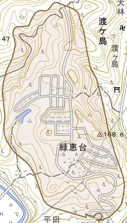 緑恵台とその周辺の地図。町の範囲を重ねている