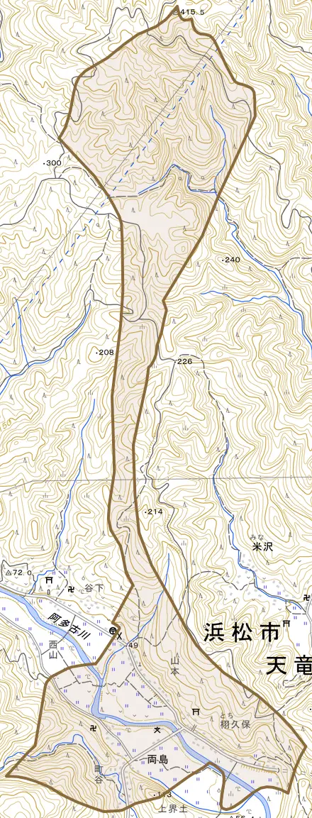 両島とその周辺の地図。町の範囲を重ねている