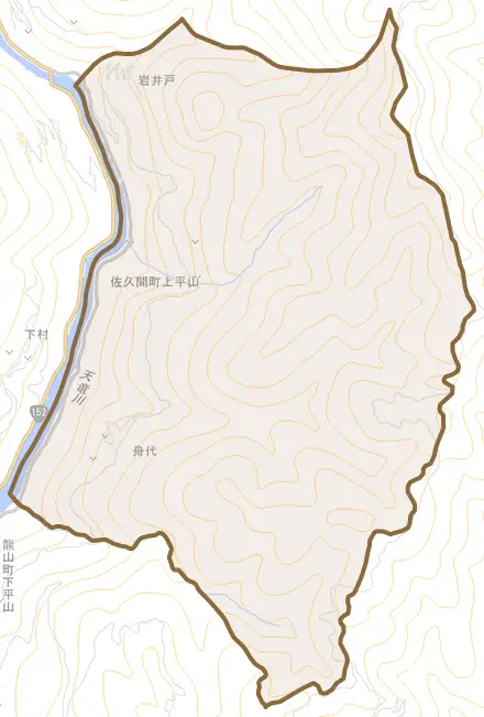 佐久間町上平山とその周辺の地図。町の範囲を重ねている