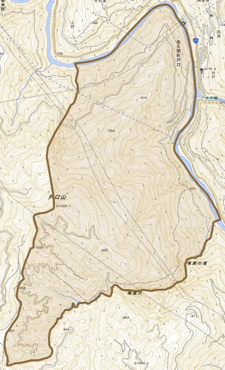 佐久間町戸口とその周辺の地図。町の範囲を重ねている