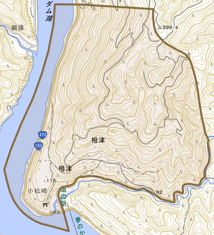 相津とその周辺の地図。町の範囲を重ねている