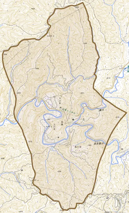 只来とその周辺の地図。町の範囲を重ねている