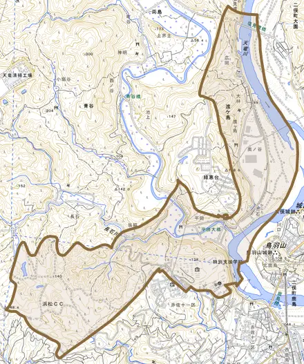 渡ケ島とその周辺の地図。町の範囲を重ねている