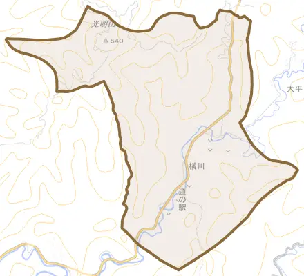 横川とその周辺の地図。町の範囲を重ねている