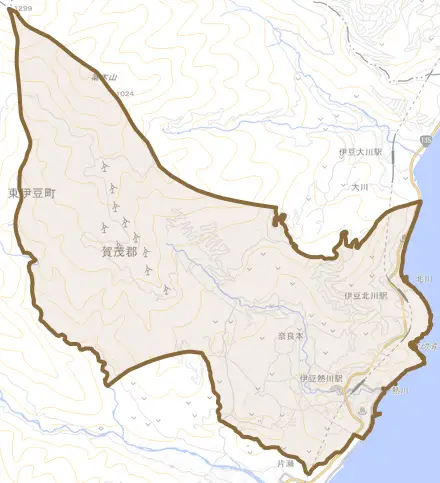 奈良本とその周辺の地図。町の範囲を重ねている