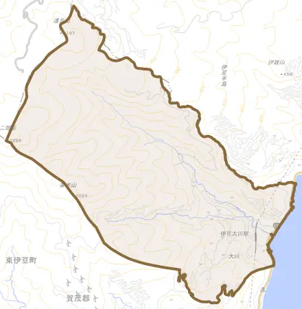 大川とその周辺の地図。町の範囲を重ねている