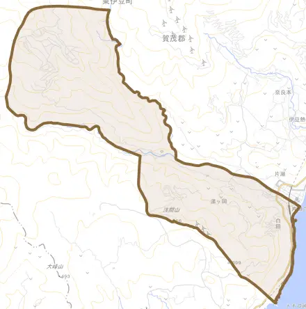白田とその周辺の地図。町の範囲を重ねている