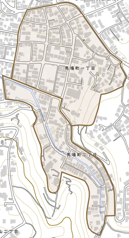 馬場町とその周辺の地図。町の範囲を重ねている
