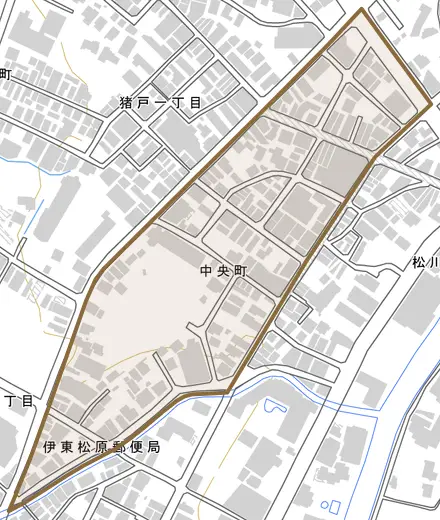 中央町とその周辺の地図。町の範囲を重ねている
