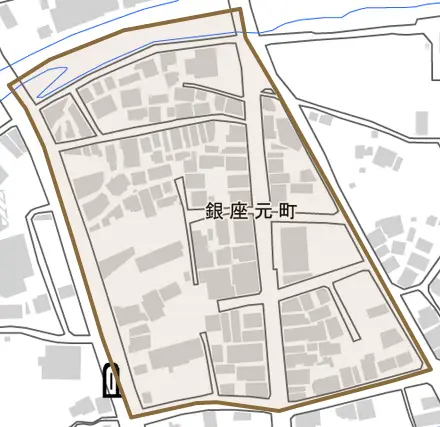 銀座元町とその周辺の地図。町の範囲を重ねている