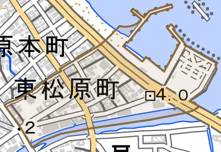 東松原町とその周辺の地図。町の範囲を重ねている
