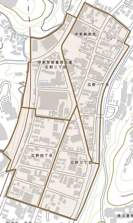 広野とその周辺の地図。町の範囲を重ねている
