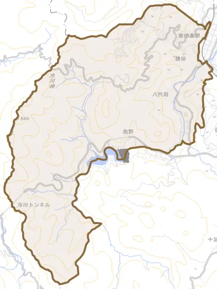 鎌田とその周辺の地図。町の範囲を重ねている