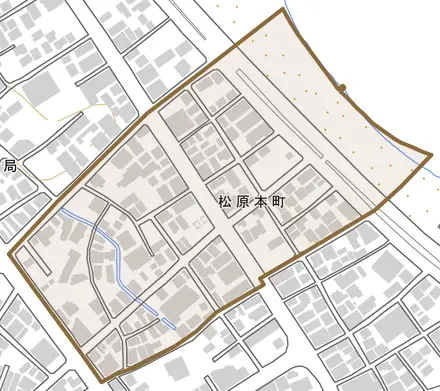 松原本町とその周辺の地図。町の範囲を重ねている