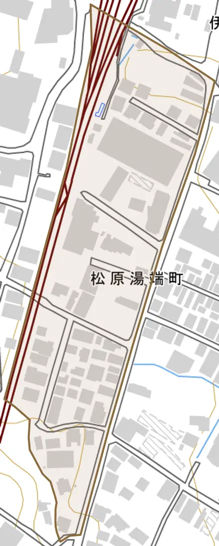 松原湯端町とその周辺の地図。町の範囲を重ねている