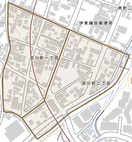 宮川町とその周辺の地図。町の範囲を重ねている