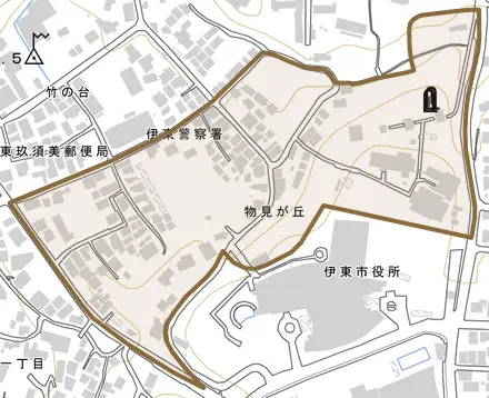 物見が丘とその周辺の地図。町の範囲を重ねている