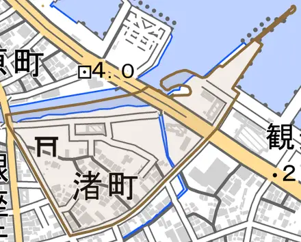 渚町とその周辺の地図。町の範囲を重ねている