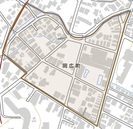 岡広町とその周辺の地図。町の範囲を重ねている