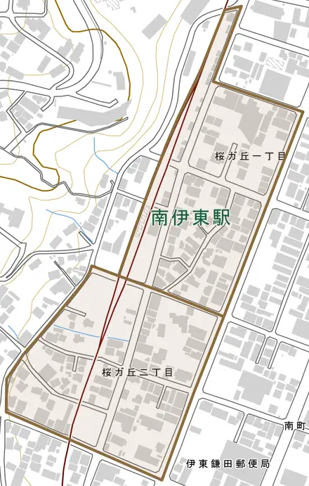 桜ガ丘とその周辺の地図。町の範囲を重ねている