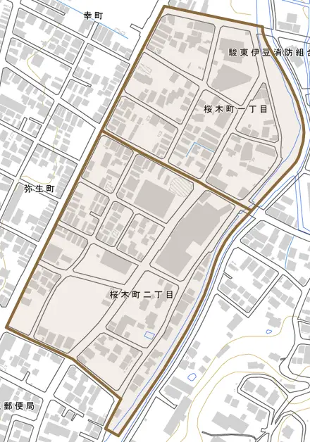 桜木町とその周辺の地図。町の範囲を重ねている