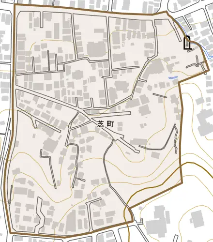 芝町とその周辺の地図。町の範囲を重ねている