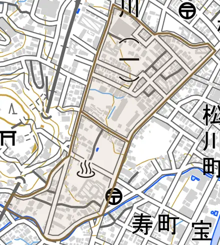 猪戸とその周辺の地図。町の範囲を重ねている