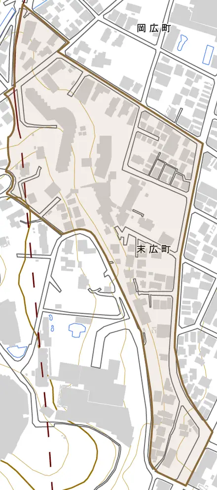 末広町とその周辺の地図。町の範囲を重ねている