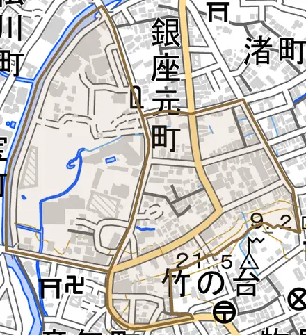 竹の内とその周辺の地図。町の範囲を重ねている
