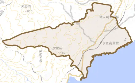 八幡野とその周辺の地図。町の範囲を重ねている