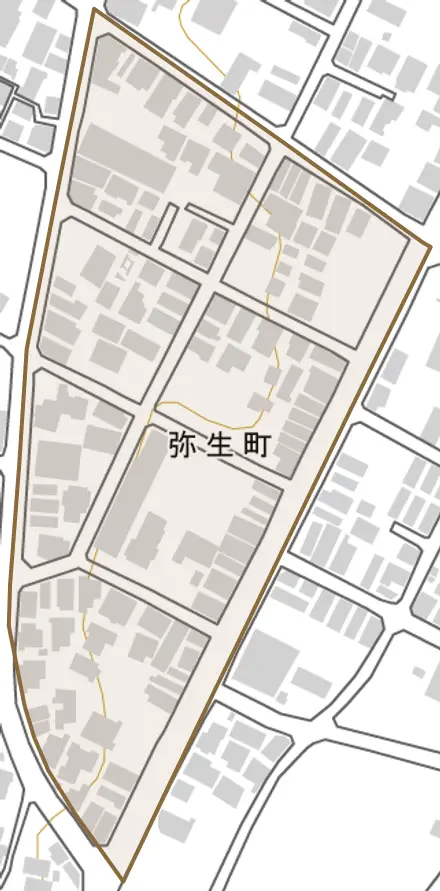 弥生町とその周辺の地図。町の範囲を重ねている