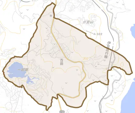 吉田とその周辺の地図。町の範囲を重ねている