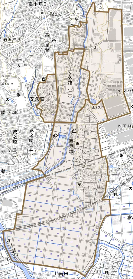 安久路とその周辺の地図。町の範囲を重ねている