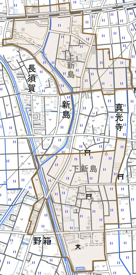 新島とその周辺の地図。町の範囲を重ねている