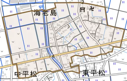 海老島とその周辺の地図。町の範囲を重ねている
