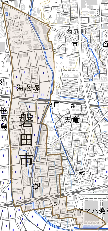 海老塚とその周辺の地図。町の範囲を重ねている