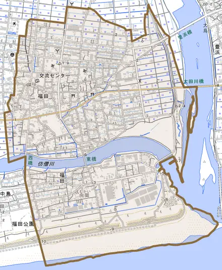 福田とその周辺の地図。町の範囲を重ねている