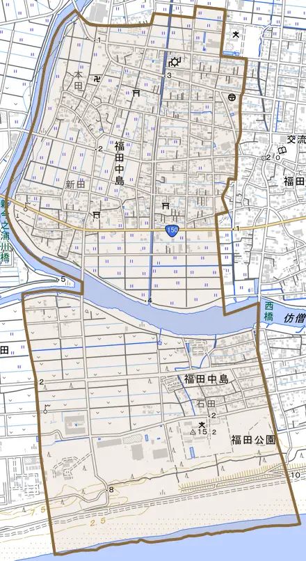 福田中島とその周辺の地図。町の範囲を重ねている