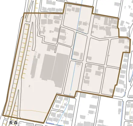 源平新田とその周辺の地図。町の範囲を重ねている
