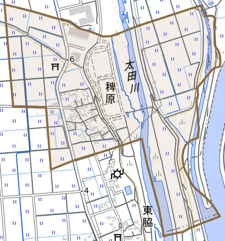 稗原とその周辺の地図。町の範囲を重ねている