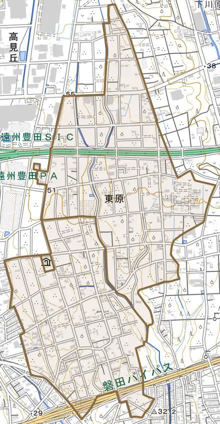 東原とその周辺の地図。町の範囲を重ねている