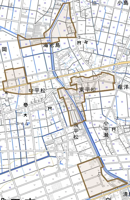 東平松とその周辺の地図。町の範囲を重ねている