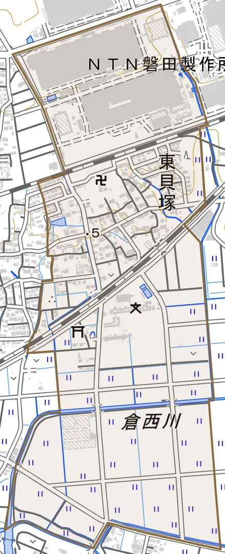 東貝塚とその周辺の地図。町の範囲を重ねている