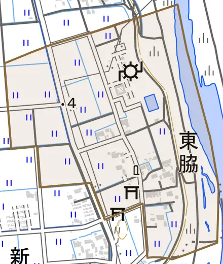 東脇とその周辺の地図。町の範囲を重ねている