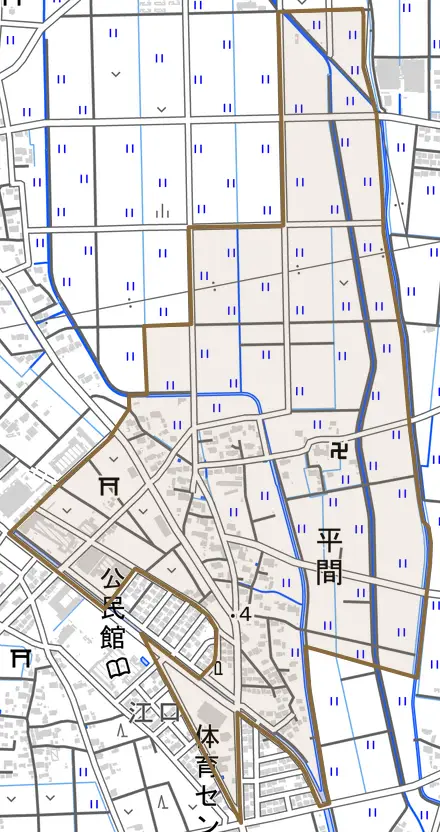 平間とその周辺の地図。町の範囲を重ねている