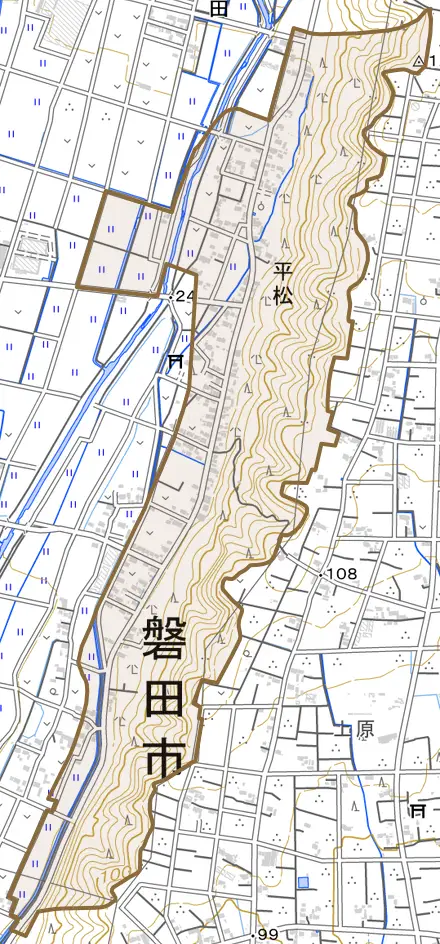 平松とその周辺の地図。町の範囲を重ねている