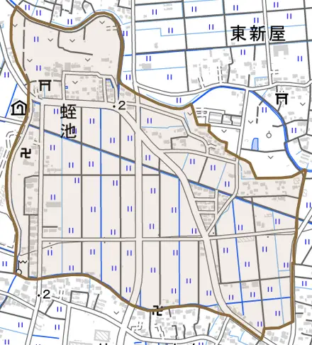 蛭池とその周辺の地図。町の範囲を重ねている