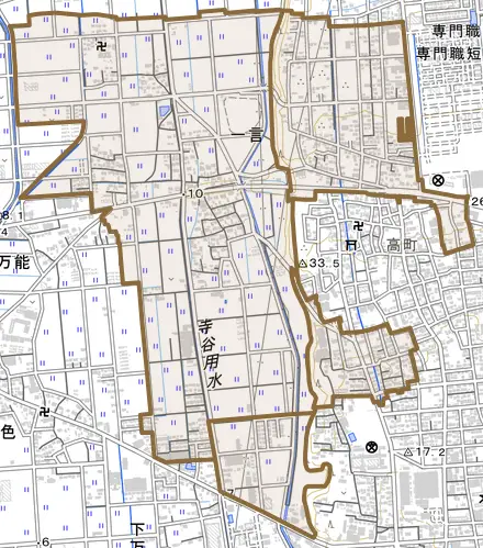 一言とその周辺の地図。町の範囲を重ねている
