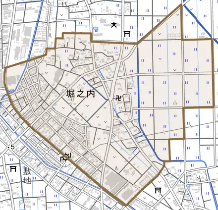 堀之内とその周辺の地図。町の範囲を重ねている