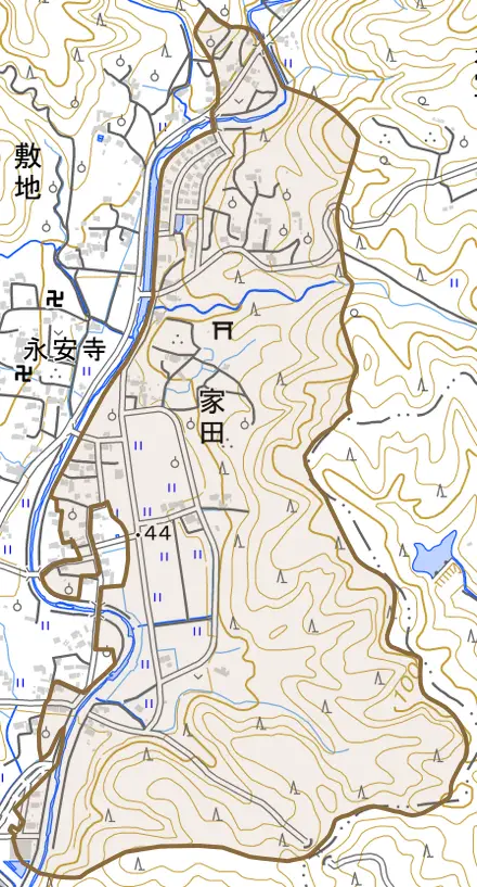 家田とその周辺の地図。町の範囲を重ねている